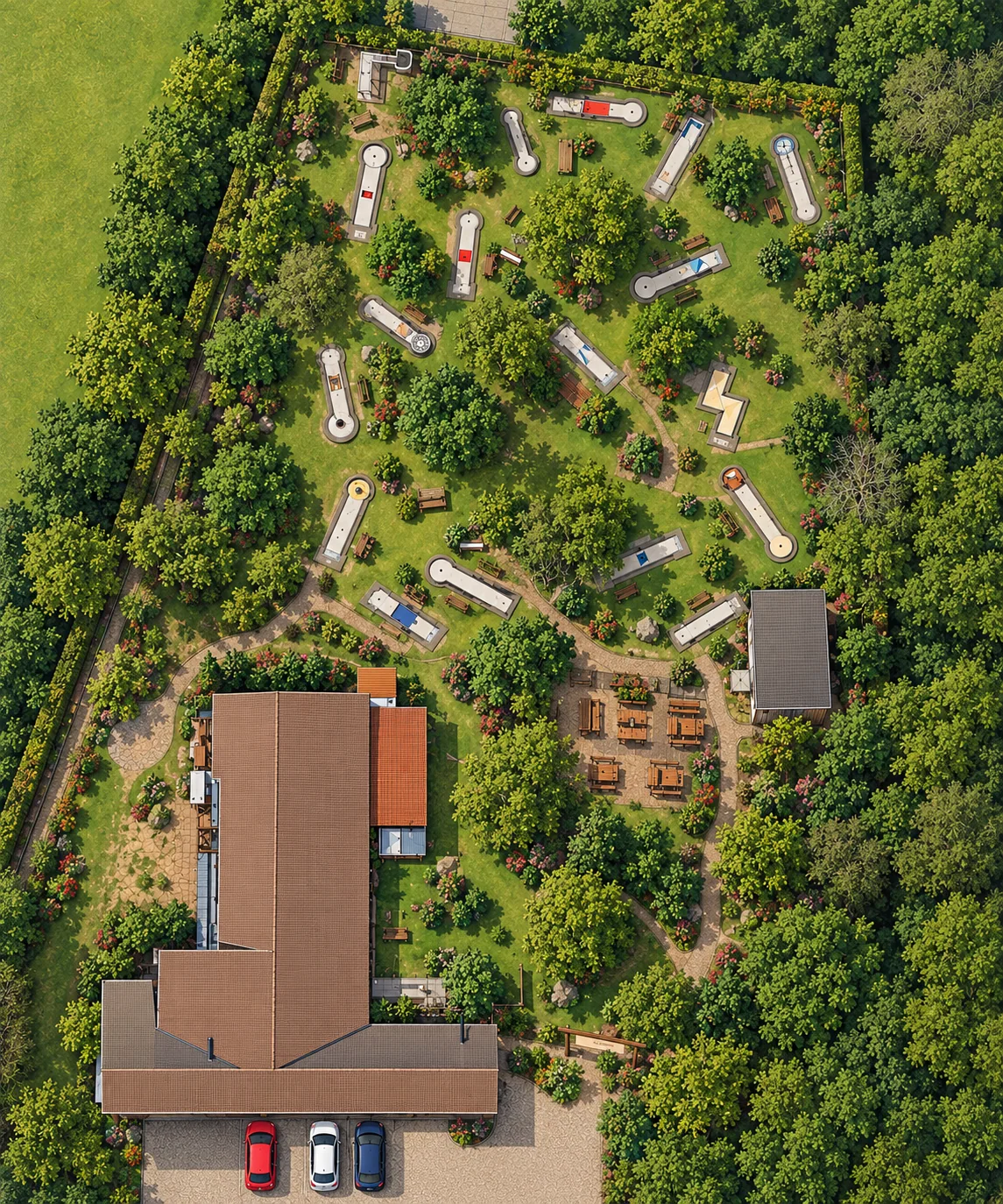 Luftbild der Minigolfanlage mit Bahnen und Biergarten